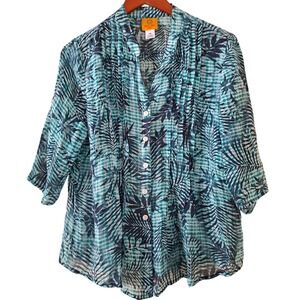 Ruby Rd Petite Blouse PM Teal Tropical Palm Leaf Pleated Button Front 3/4 Sleeve